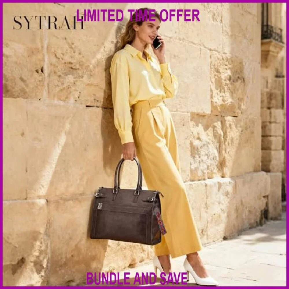 15.6 Inch Vegan Leather Laptop Tote Bag with 9 Pockets, Shoulder & Handbag